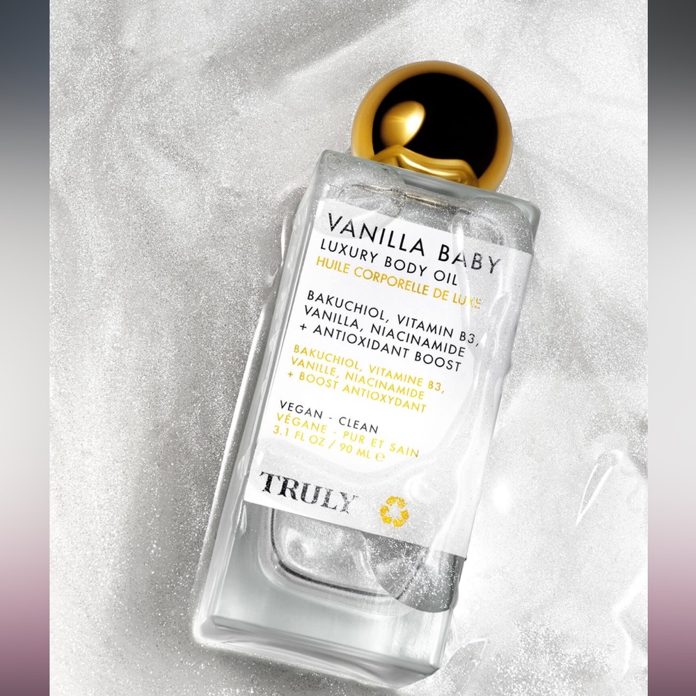 TRULY Vanilla Baby Luxury Body Oil — White & Gold Bottle